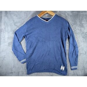 Tommy Hilfiger Men's Large Blue Ribbed V-Neck Knit Sweater Varsity H Logo vtg